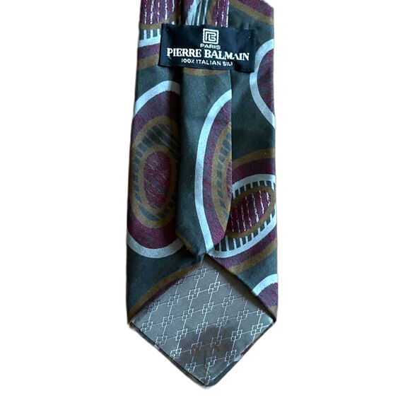 Vintage Pierre BALMAIN Paris Green Red 100% Silk Pattern Neck Tie - Picture 3 of 5